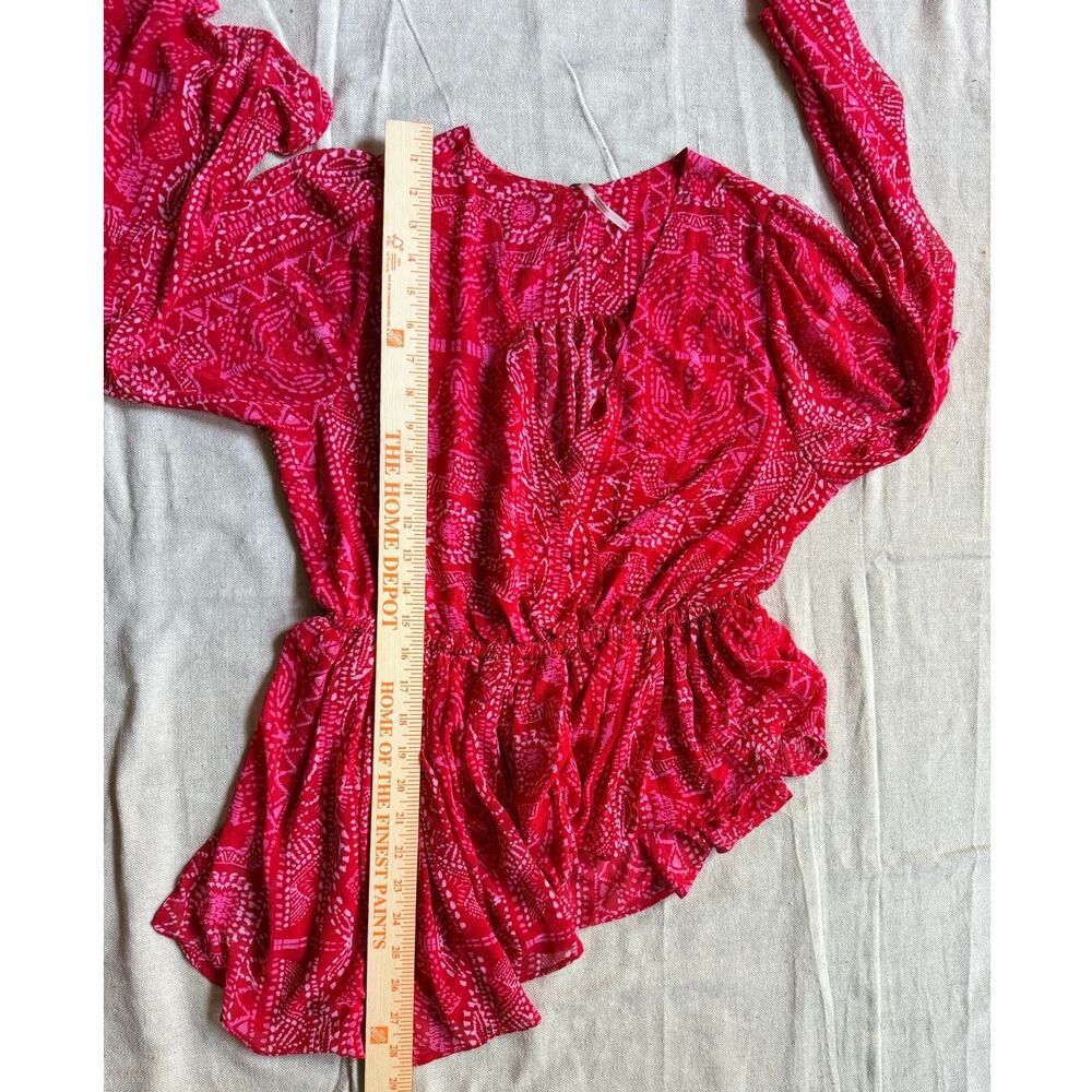 Free People Red White Faux Wrap Deep V Long Sleeve Asymmetrical Hem Tunic Size S - Picture 5 of 7